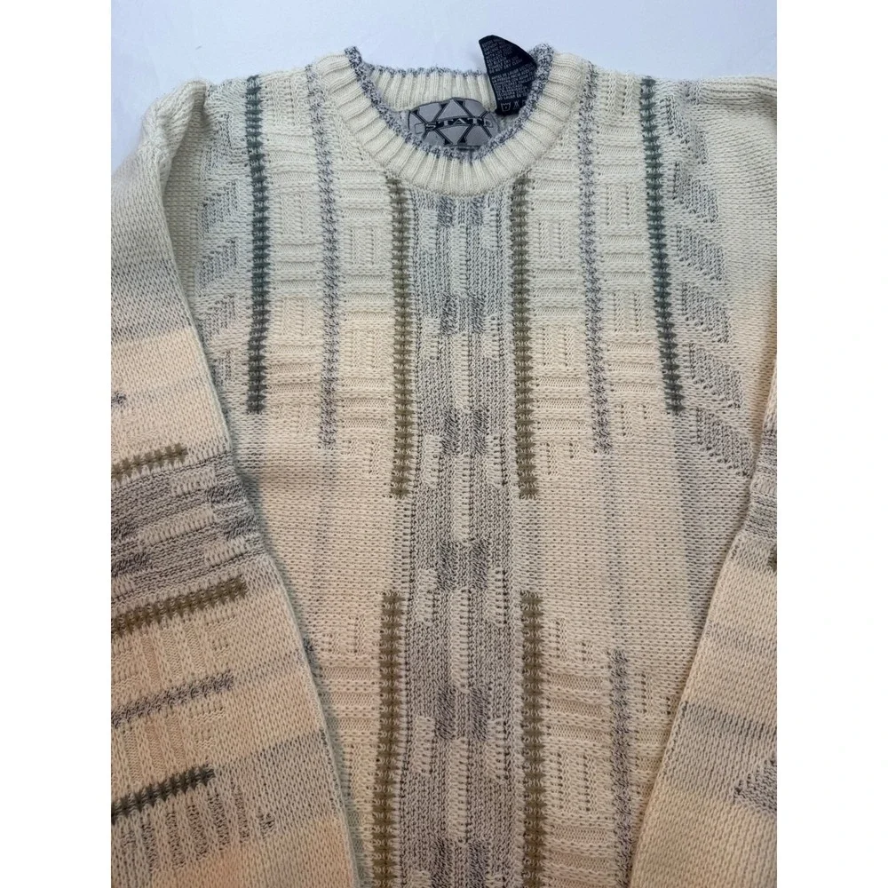 Vintage‎ STATS Sweater Mens M Cream Pattern Knit 90s Textured Pullover